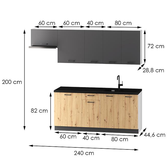 Kuchyňská linka Clara 240 cm grafitově šedá/dub artisan