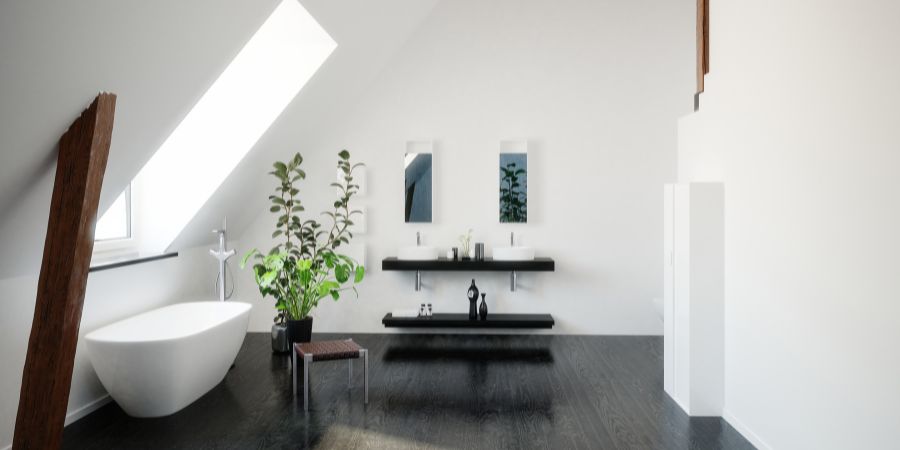 Malá, elegantní koupelna s černými doplňky a zelenými akcenty